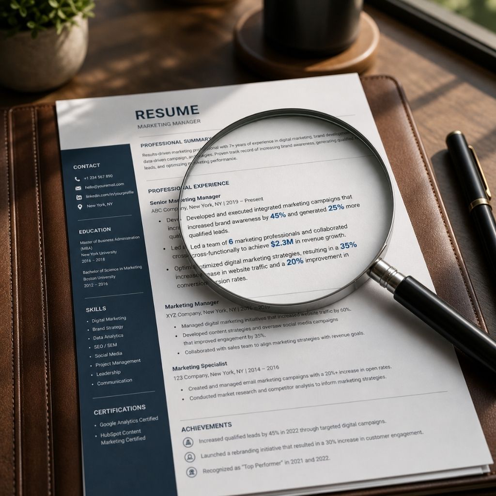 A resume being reviewed with a magnifying glass, checking the detail